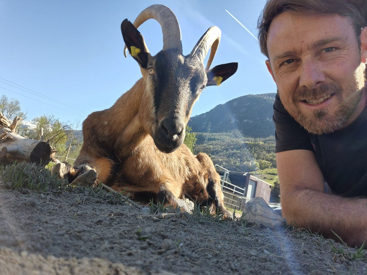 Samuel Egloff avec une chèvre, en Valais